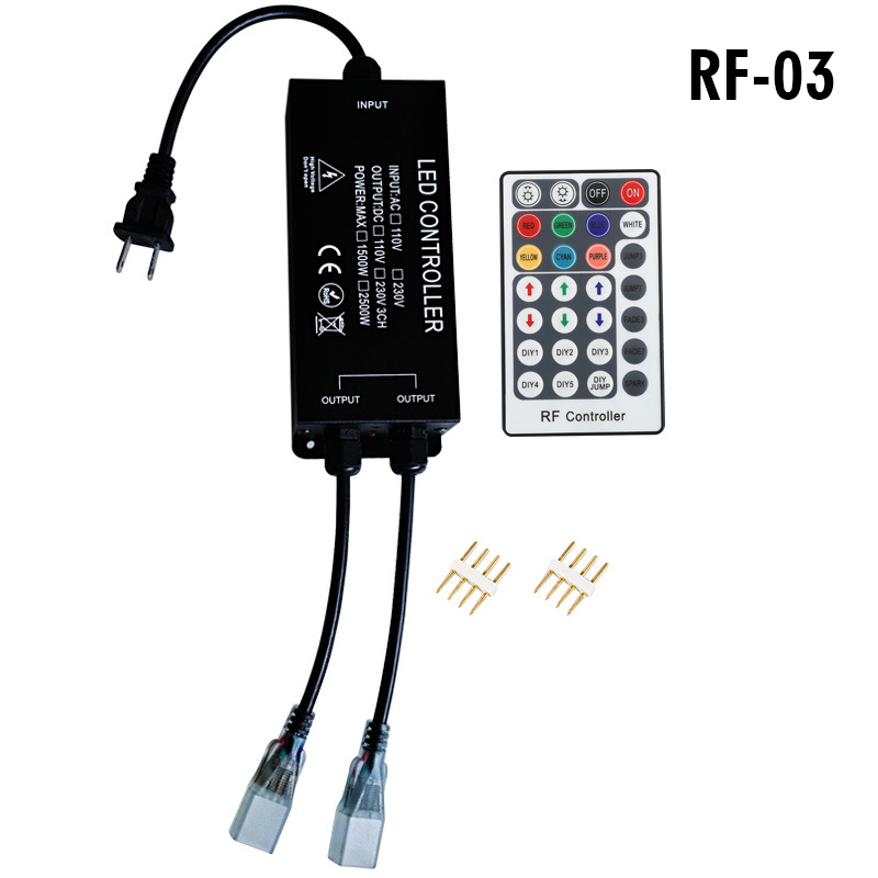 AC110/220V High Power 1500/2500W, One to Two High Voltage Controller, PWM LED RGB Wireless RF 24 keys Infrared Remote Controller, For 328 or 656 Ft RGB High Voltage LED strip lights, LED modules lights